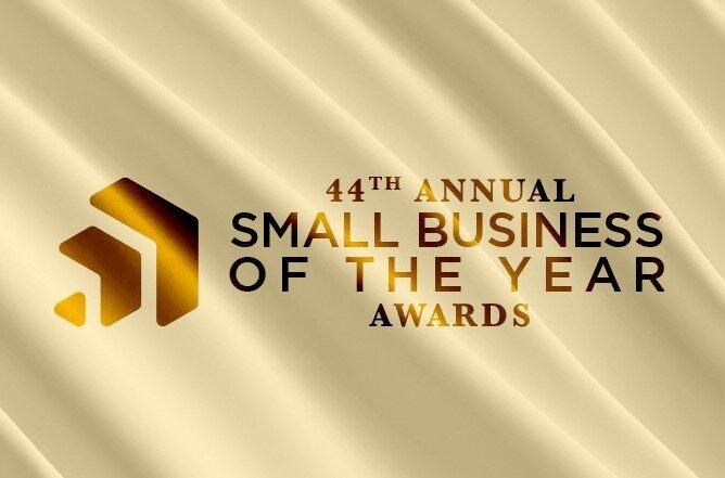 44th Annual Small Business of the Year Awards gold banner presented by the Tampa Bay Chamber, highlighting 2024 winners including The William Stanley Group